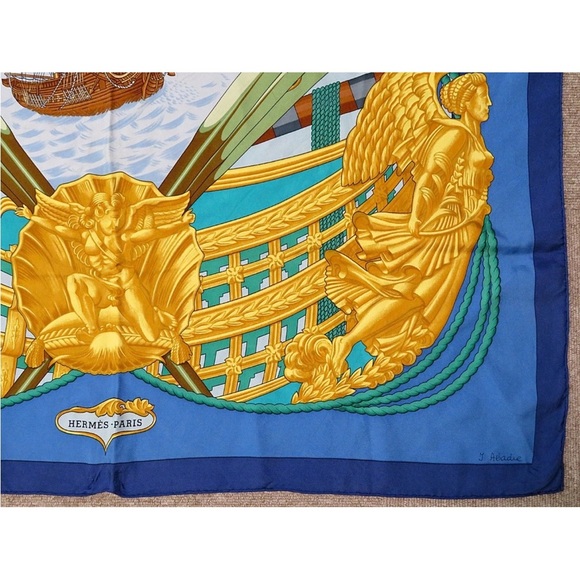 Hermès Blue and Gold Silk Scarf - Picture 6 of 12
